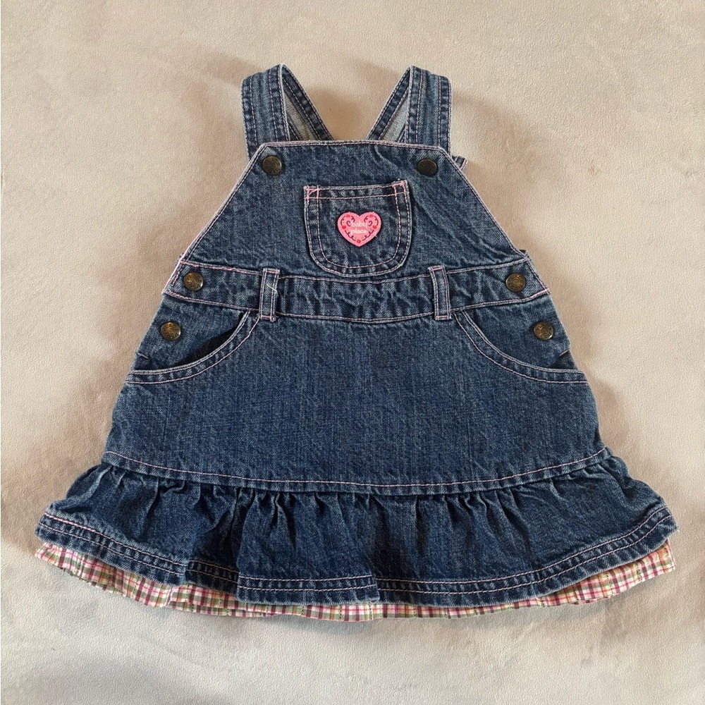 Early 2000s The Children’s Place 3-6M Denim Overall Dress Pink Plaid Ruffle - Picture 2 of 7